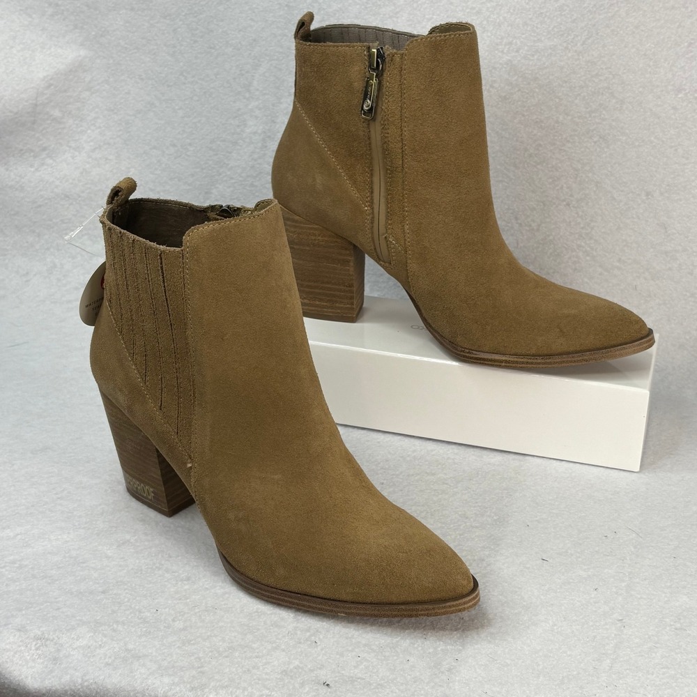 Blondo Womens 10 Waterproof Tan Suede Leather Pointed Toe Block Heel Ankle Boots